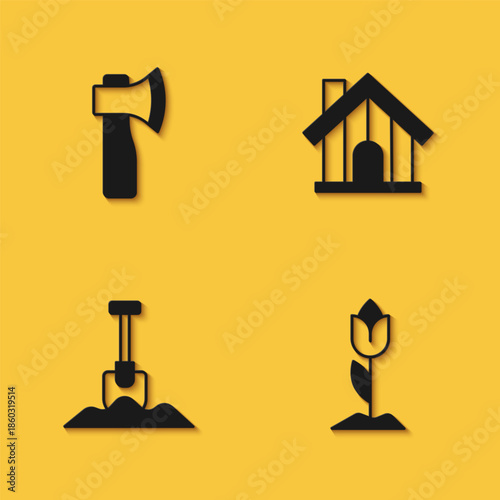 Set Wooden axe, Flower tulip, Shovel and Farm house icon with long shadow. Vector