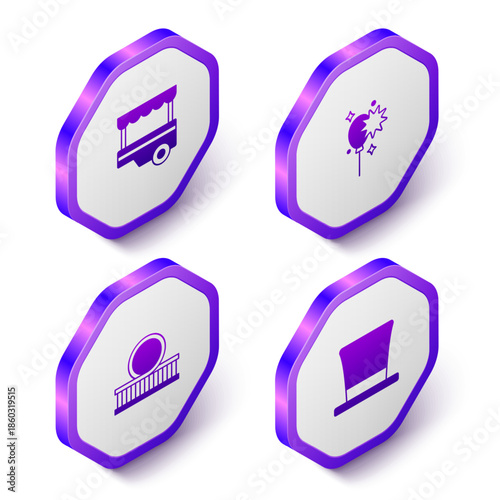 Set Isometric Fast street food cart, Balloons with ribbon, Roller coaster and Cylinder hat icon. Purple hexagon button. Vector