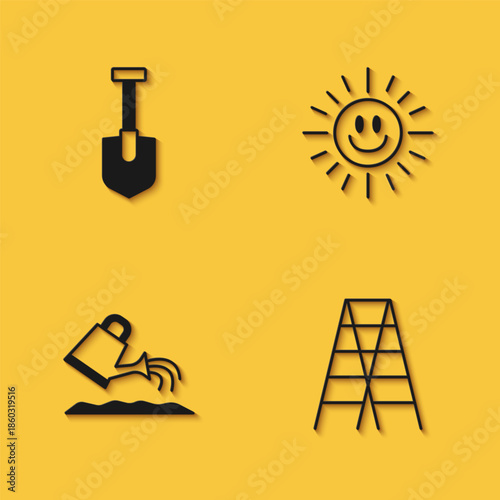 Set Shovel, Wooden staircase, Watering can and Sun icon with long shadow. Vector