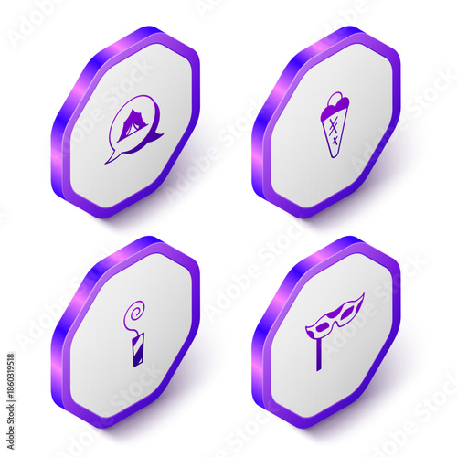 Set Isometric Circus tent, Ice cream in waffle, Birthday party horn and Festive mask icon. Purple hexagon button. Vector