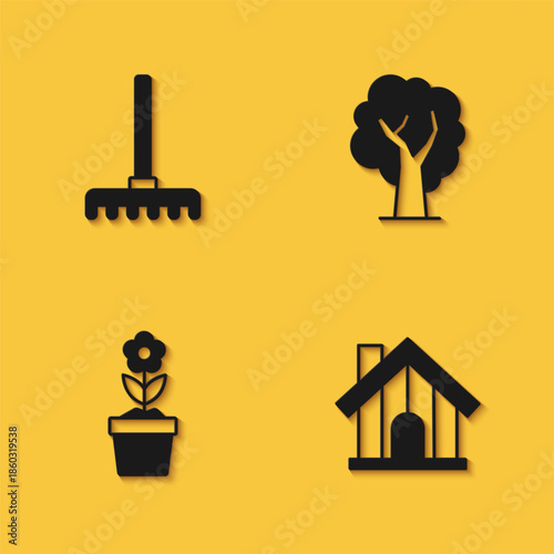 Set Garden rake, Farm house, Flower in pot and Tree icon with long shadow. Vector