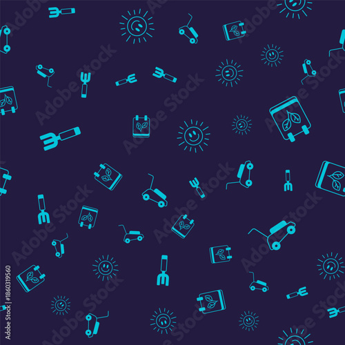 Set Garden pitchfork, Calendar with autumn leaves, Sun and Lawn mower on seamless pattern. Vector