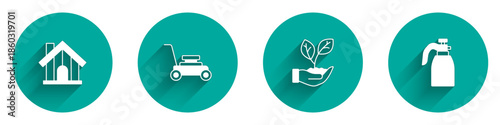 Set Farm house, Lawn mower, Leaf in hand and Garden sprayer for water icon with long shadow. Vector