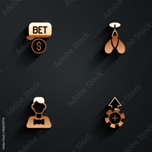 Set Casino chip with dollar, Dart arrow, dealer and chips icon with long shadow. Vector