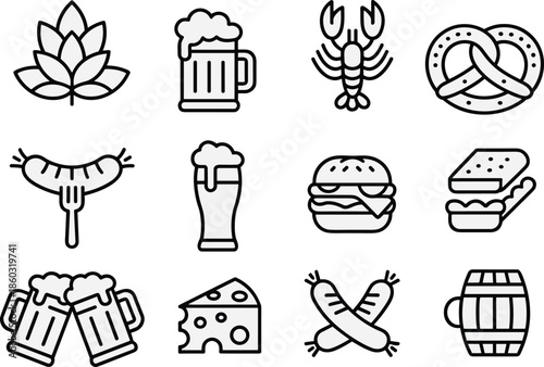 Vector Collection of Twelve Black Line Art Icons for Oktoberfest Featuring Beer Mugs Pretzels Sausages Burgers and Barrels Isolated on White Background for Menu Design