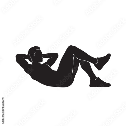 Man doing crunches on floor with hands behind head person silhouette sit ups