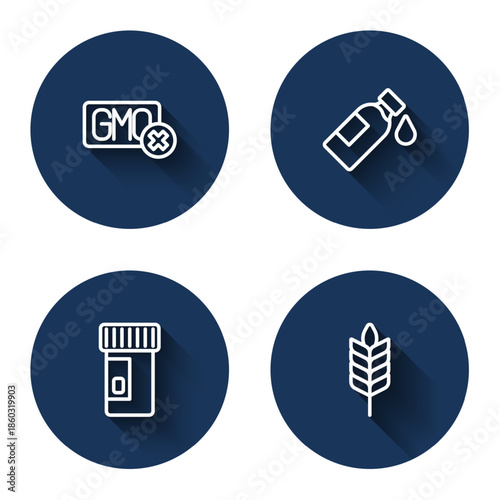 Set line No GMO, Bottle of water, Vitamins and Wheat with long shadow. Blue circle button. Vector