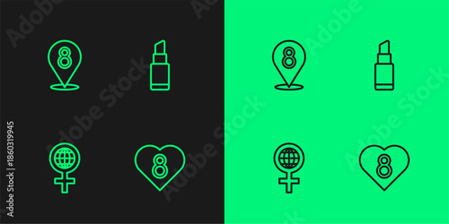 Set line Heart with 8 March, International Women Day, and Lipstick icon. Vector