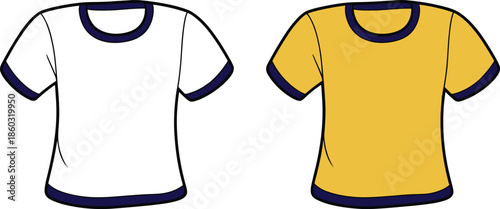 Vector Technical Flats of Two Classic Ringer T-Shirts in White and Yellow with Navy Trim, Customizable Apparel Mockup Template