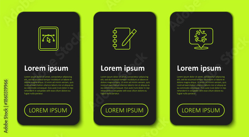 Set line Computer with design program, Notebook and Paint spray. Business infographic template. Vector