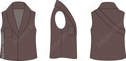 Brown sleeveless vest with lapel collar, chest pocket, diagonal seam, front side back view, fashion design, garment construction, stylish apparel, menswear