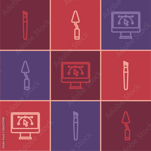 Set line Paint brush, Computer with design program and Palette knife icon. Vector