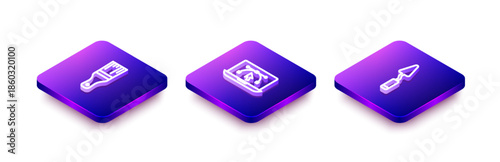 Set Isometric line Paint brush, Computer with design program and Palette knife icon. Vector