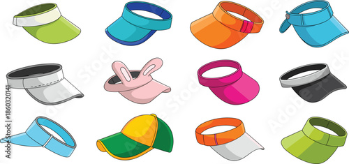 Colorful visor and cap collection, sporty fashion headwear, playful summer accessories, stylish sun protection, vector illustration pack for casual outfit design