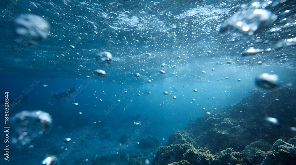 Fototapeta premium Underwater scene with divers swimming amongst rising bubbles near a coral reef with sunlight rays