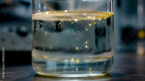 Laboratory Glass Beaker Filled With Clear Liquid and Rising Micro Bubbles Under Soft Industrial Lighting