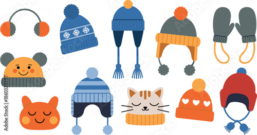 Winter hats, earmuffs, mittens, animal faces, pom-poms, ear flaps, cute designs, seasonal fashion, warm accessories, vector illustration