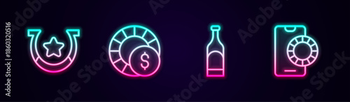Set line Horseshoe, Casino chips, Bottle of wine and Online sports betting. Glowing neon icon. Vector