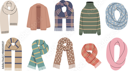 Winter scarf and sweater set, cozy fashion accessories, seasonal clothing illustration, warm outfit design pack, stylish knitwear vector, cold weather wardrobe elements