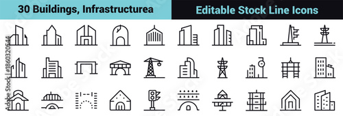 Set of 30 black line icons illustrating buildings, infrastructure, urban elements, architecture, transportation, and city planning