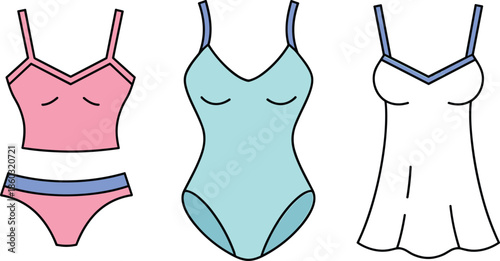 Women's Lingerie, Sleepwear, and Swimsuit Technical Flats Collection Vector: Camisole Set, One-Piece, and Babydoll Chemise, Apparel TemplateWomen's Lingerie, Sleepwear, 