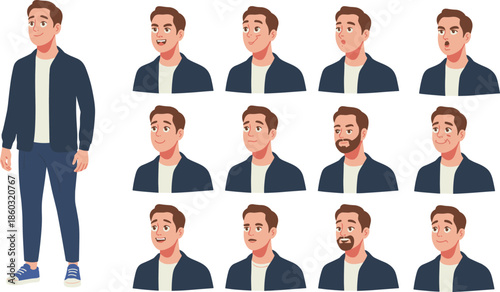 Cartoon male character illustration showing full body and facial expressions set, casual man avatar emotions isolated white background vector design
