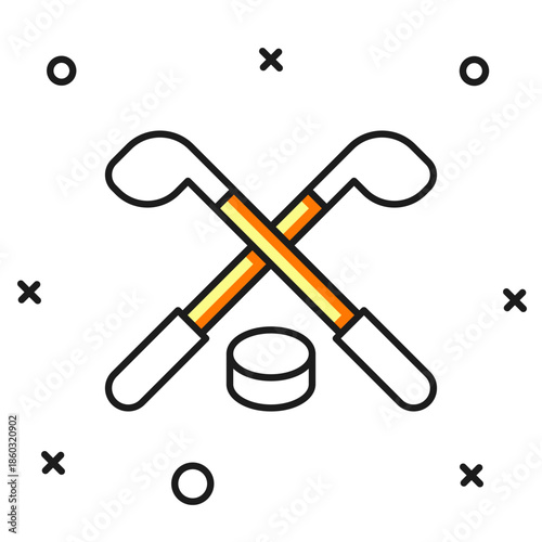 Filled outline Ice hockey sticks and puck icon isolated on white background. Game start. Flat filled outline style with shadow. Vector