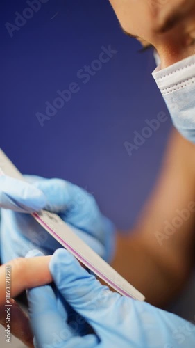 The technician carefully shapes the nail plate according to the client's wishes. High quality 4k footage