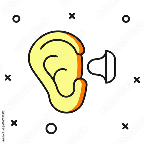 Filled outline Earplugs and ear icon isolated on white background. Ear plug sign. Noise symbol. Sleeping quality concept. Flat filled outline style with shadow. Vector