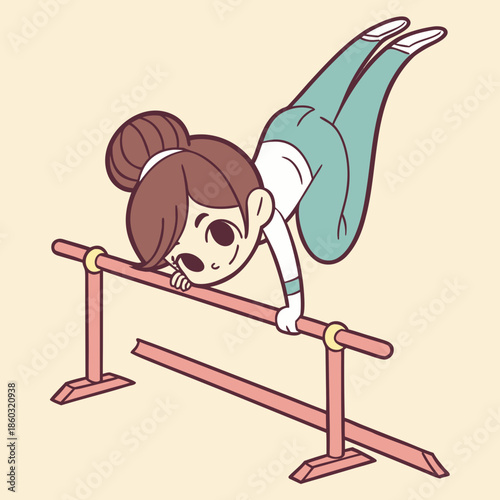 Girl performs gymnastics on parallel bars