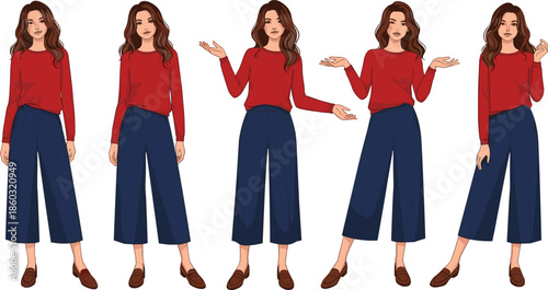 Cartoon woman character illustration showing casual fashion poses, expressive hand gestures, modern female lifestyle set isolated white background vector design