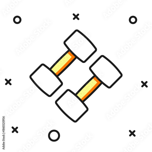 Filled outline Dumbbell icon isolated on white background. Muscle lifting, fitness barbell, sports equipment. Flat filled outline style with shadow. Vector