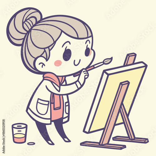 Cute girl painting on canvas with brush and easel