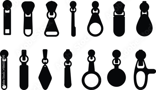 Black zipper pull icon set, silhouette fastener designs, vector illustration pack for fashion, garment manufacturing, accessories, and product design