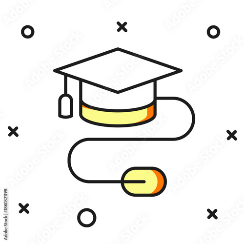 Filled outline Graduation cap with mouse icon isolated on white background. World education symbol. Online learning or e-learning concept. Flat filled outline style with shadow. Vector