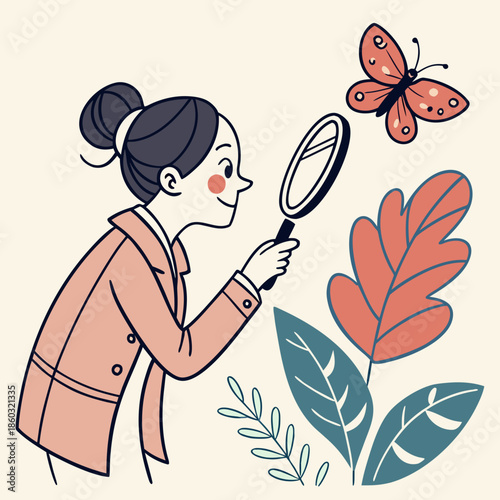 Girl examining butterfly with magnifying glass outdoors