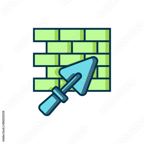 Filled outline Brick wall with trowel icon isolated on white background. Flat filled outline style with shadow. Vector