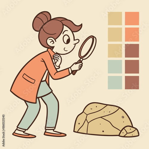 Girl examining rock with magnifying glass