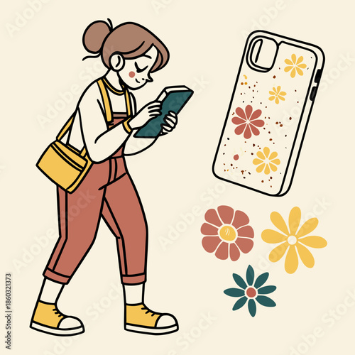 Girl holding phone with floral phone case and flowers