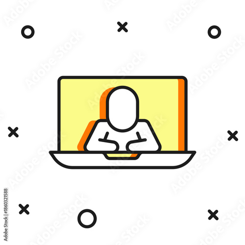 Filled outline Video chat conference icon isolated on white background. Online meeting work form home. Remote project management. Flat filled outline style with shadow. Vector