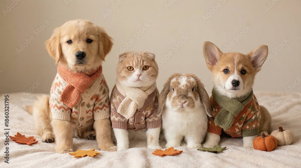Fototapeta premium Adorable Pets in Cozy Sweaters Together