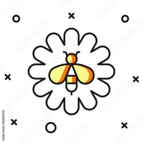 Filled outline Bee on flower icon isolated on white background. Sweet natural food. Honeybee or apis with wings symbol. Flying insect. Flat filled outline style with shadow. Vector