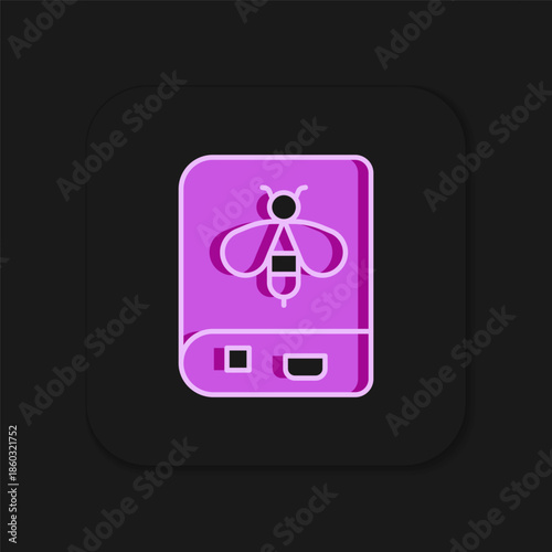 Filled outline Book about bee icon isolated on black background. Sweet natural food. Honeybee or apis with wings symbol. Flying insect. Flat filled outline style with shadow. Vector