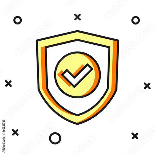 Filled outline Shield with check mark icon isolated on white background. Protection symbol. Security check Icon. Tick mark approved icon. Flat filled outline style with shadow. Vector