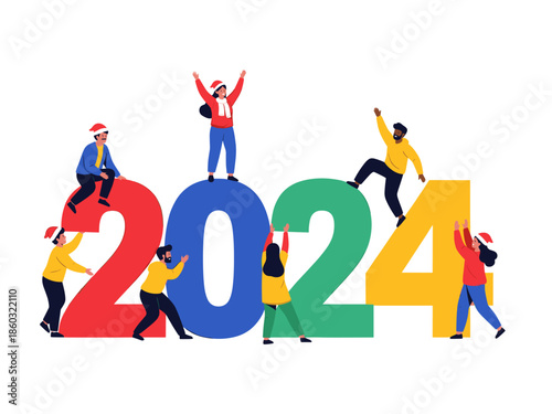 Celebrate 2024 with Joyful People Vector Illustration