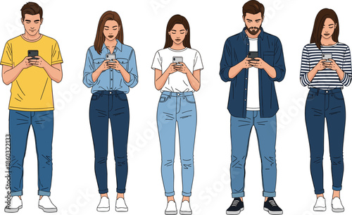 People using smartphones illustration showing modern men and women texting, mobile addiction social media communication concept isolated white background vector