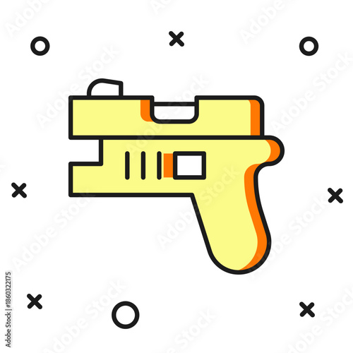 Filled outline Futuristic space gun blaster icon isolated on white background. Laser Handgun. Alien Weapon. Flat filled outline style with shadow. Vector