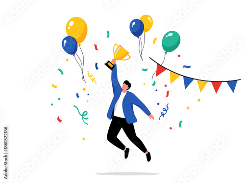 Celebratory Jump with Balloons and Confetti