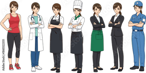 Professional women characters illustration showing multiple occupations, doctor chef business police fitness worker uniforms, diverse career roles isolated white background