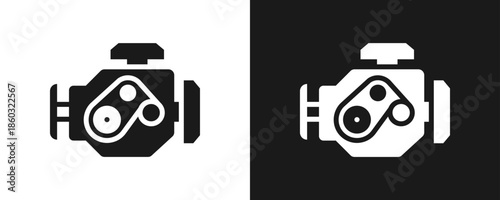 Car Engine Icon Set Glyph In White And Black Background
